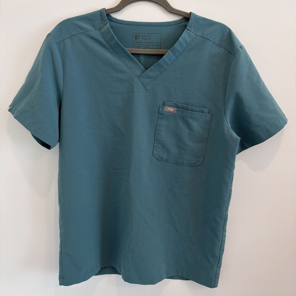 Figs Men’s Sz S Leon 3 Pocket Scrub Top Technical Collection Hydrogreen Teal EUC